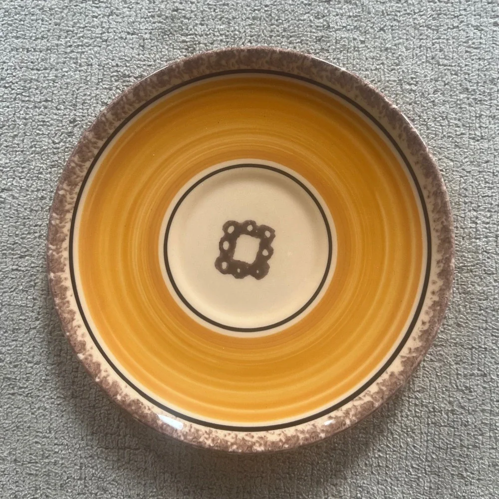 Vintage K&G Luneville France Ceramic Saucer Yellow Brown Speckled Rim 6.25in